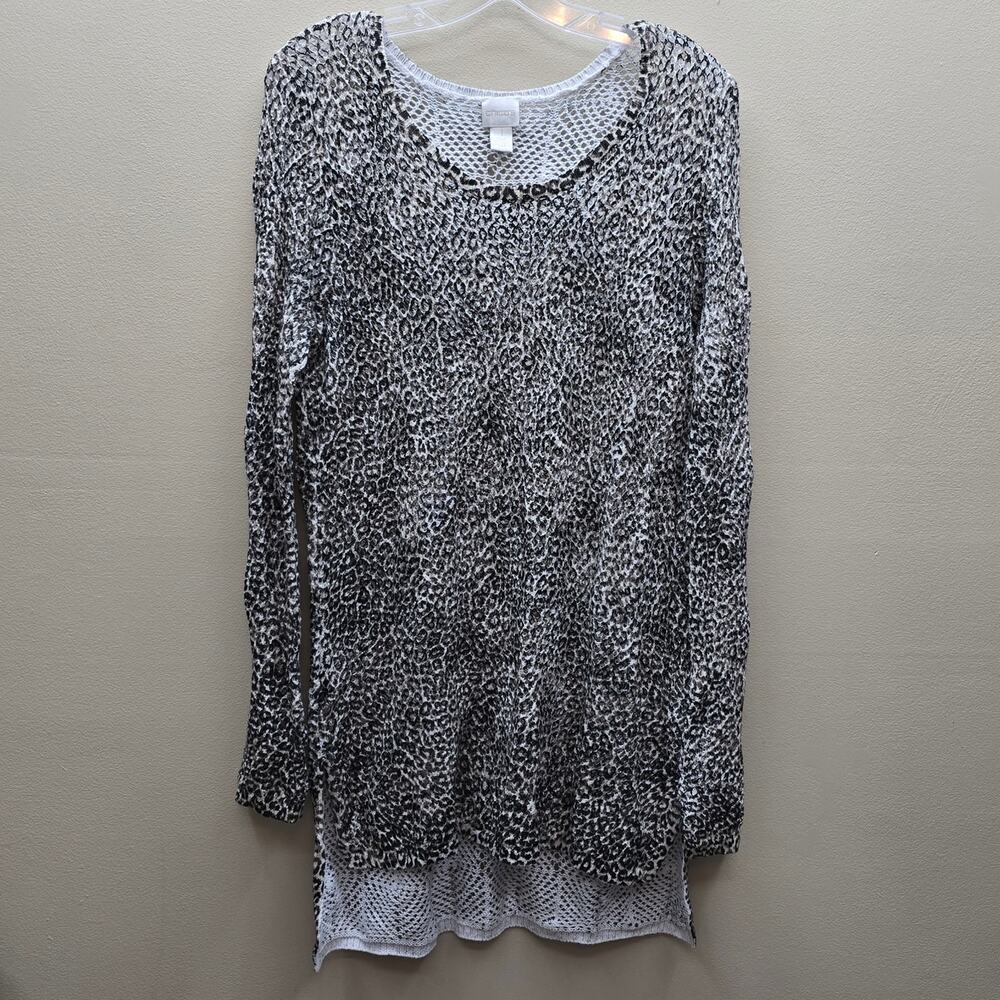 Chico's Leopard Print Crochet Open Knit Tunic Sweater Tan Black SZ 1 US Medium